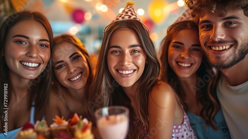 Friendship Fiesta: A tight-knit group of friends flashes their smiles, markin...