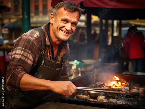 Photo of a happy Serbian man, 50 years old, cooking meat pljeskavica in a frying pan in his cafe on the street of Belgrade photo