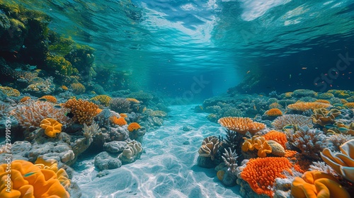 Immersive Exploration of Tropical Coral Reefs Unveiling a Symphony of Colors and Marine Life. Made with Generative AI Technology