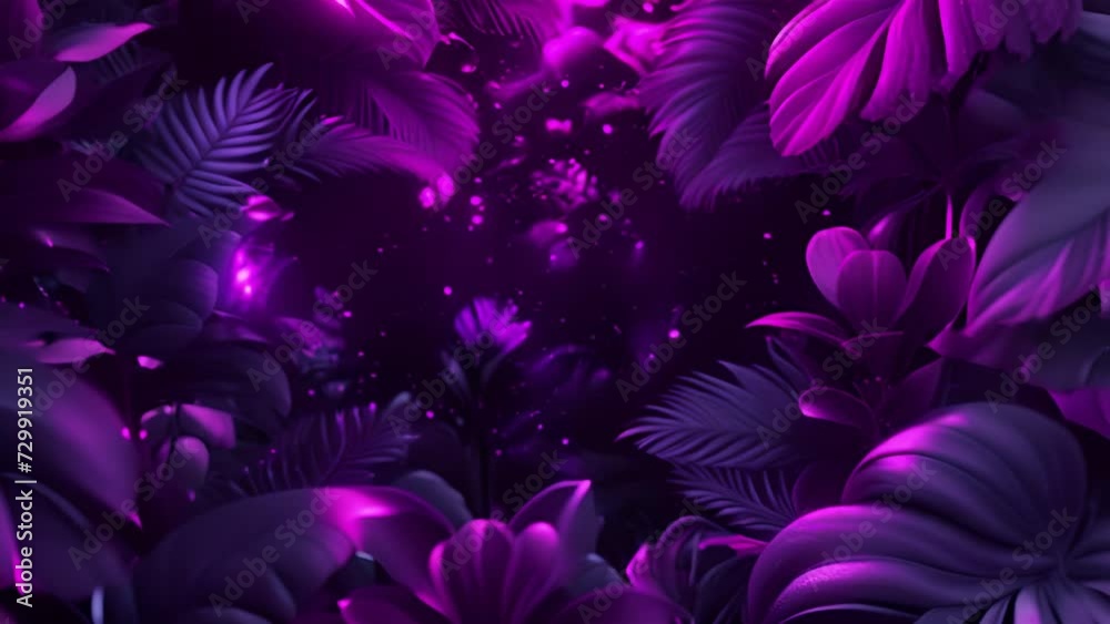 Neon glowing tropical leaves in purple and pink. Jungle Forest glowing, illuminates palm trees with trendy aesthetic violet light. 3D render animation with a space for custom text placement. 4k video Neon glowing tropical leaves in purple and pink. Jungle Forest glowing, illuminates palm trees with trendy aesthetic violet light. 3D render animation with a space for custom text placement. 4k video