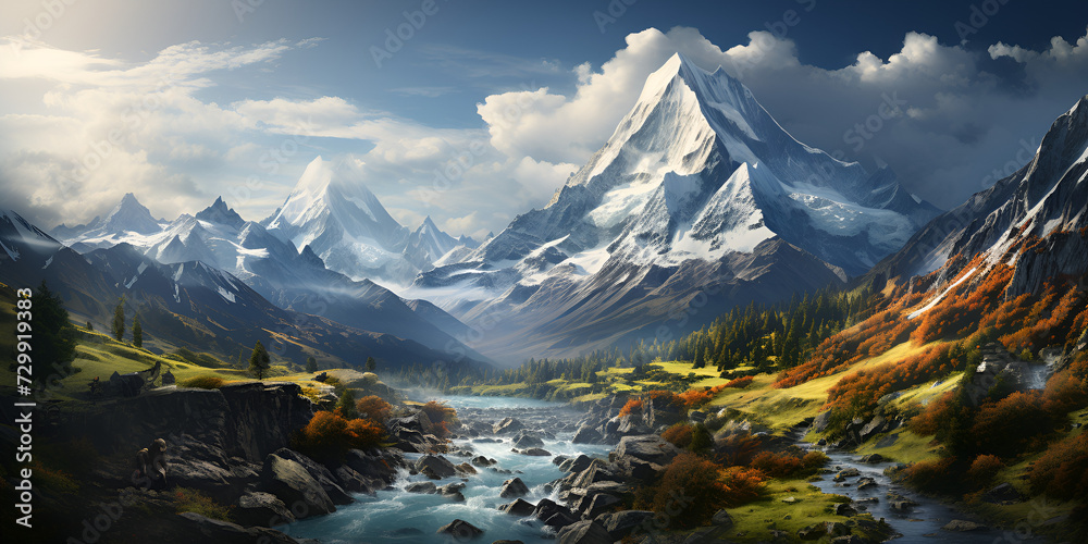 Snowy mountains background with steep rocks and flowing river water. Majestic Snowy Mountains Landscape
Winter Wonderland Scenery with River