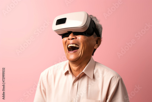  Photograph A 70-year-old Asian man captivated by virtual reality with wireless VR goggles against a soft pastel brown background with ample copy space  her expression reflecting a mix of astonishment