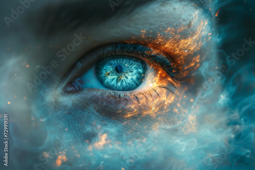 A mystical portrayal of a third eye emitting waves of light, symbolizing insight and foresight. Concept of third eye perception and psychic vision. Generative Ai.