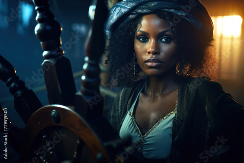  African female pirate, 27 years old, at the ship's wheel, her face illuminated by the misty light, with a retro touch