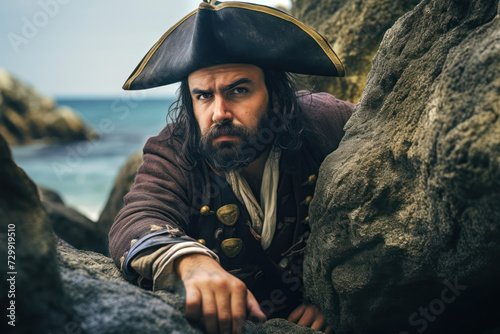  Hispanic male pirate, around 42 years old, on a rocky shore, a look of determination as he hides his treasure