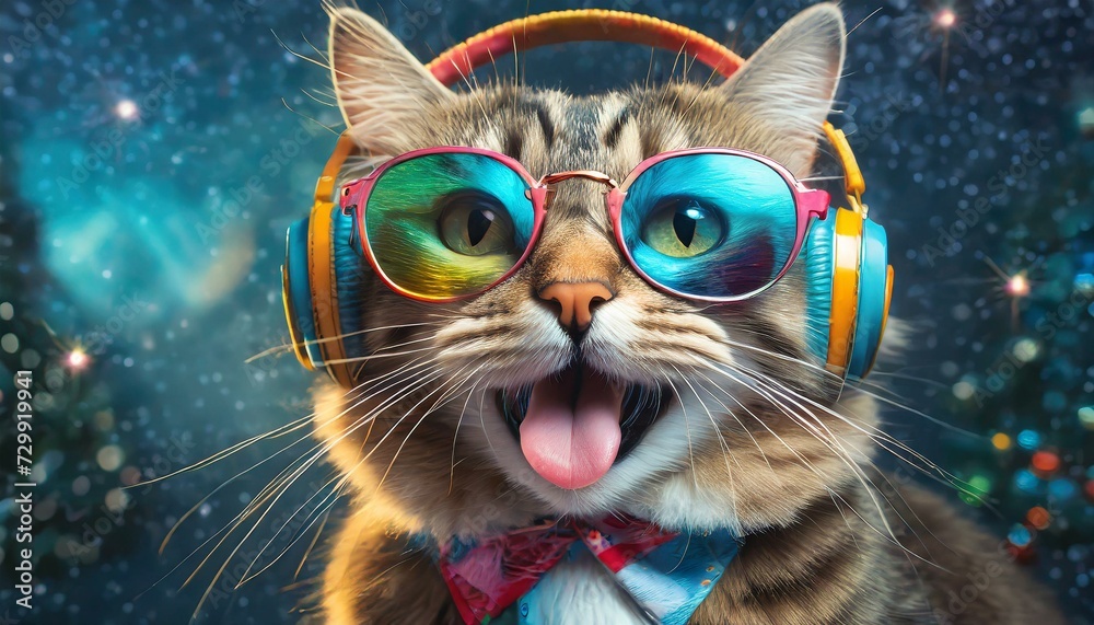 funky cat with colorful headphones