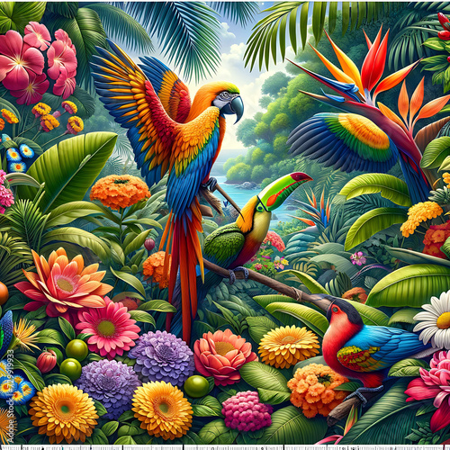 Decor featuring beautiful tropical flowers and parrots © avdyachenko