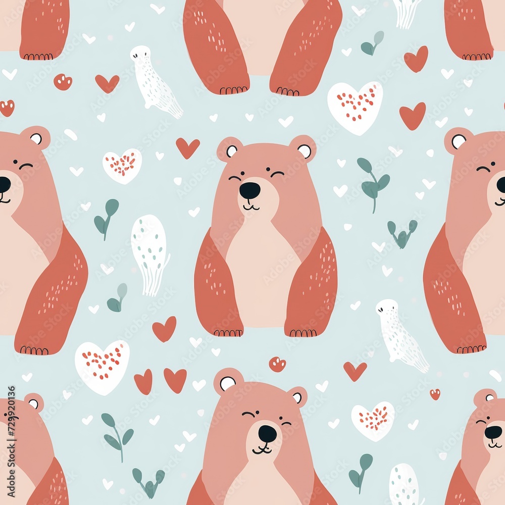 Seamless pattern with cute bears and hearts, Vector illustration, Ai Generated