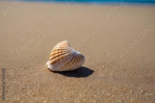 A single white shell sits on the sand of a beach. The water in the distance appears blue. The image is focused on the shell, which has a striped pattern. The sand is golden brown,seashell on the beach