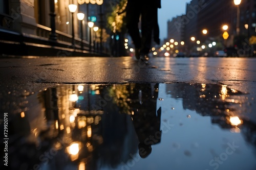 A person walks by a puddle reflecting street lights and the city.,city at night