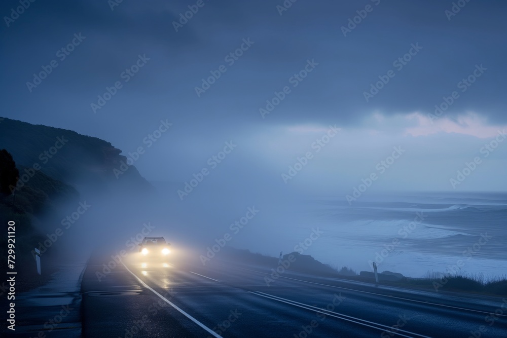 car driving on coastal road, headlights visible in sea mist