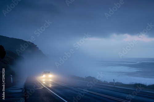 car driving on coastal road, headlights visible in sea mist