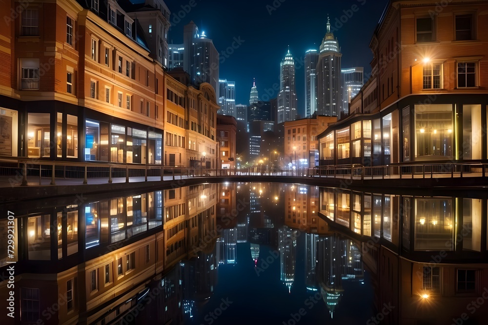 The image captures a city street at night reflecting in a small body of water. The buildings on the left and right are multi-story brick buildings with glass windows on the upper floors. The street is