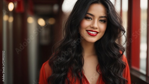 Portrait of beautiful young attractive woman with red lipstick and long stylish black hair