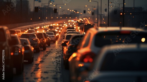 Traffic jam on the highway at sunset, Shallow depth of field, Ai Generated