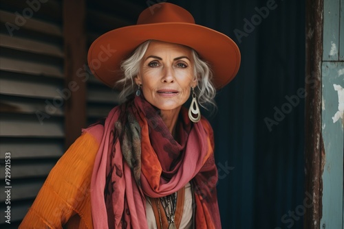 Beautiful senior woman in hat and scarf looking at camera while standing outdoors