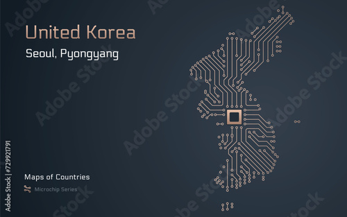 United Korea Map with a capital of Seoul, Pyongyang Shown in a Microchip Pattern with processor. E-government. World Countries vector maps. Microchip Series 