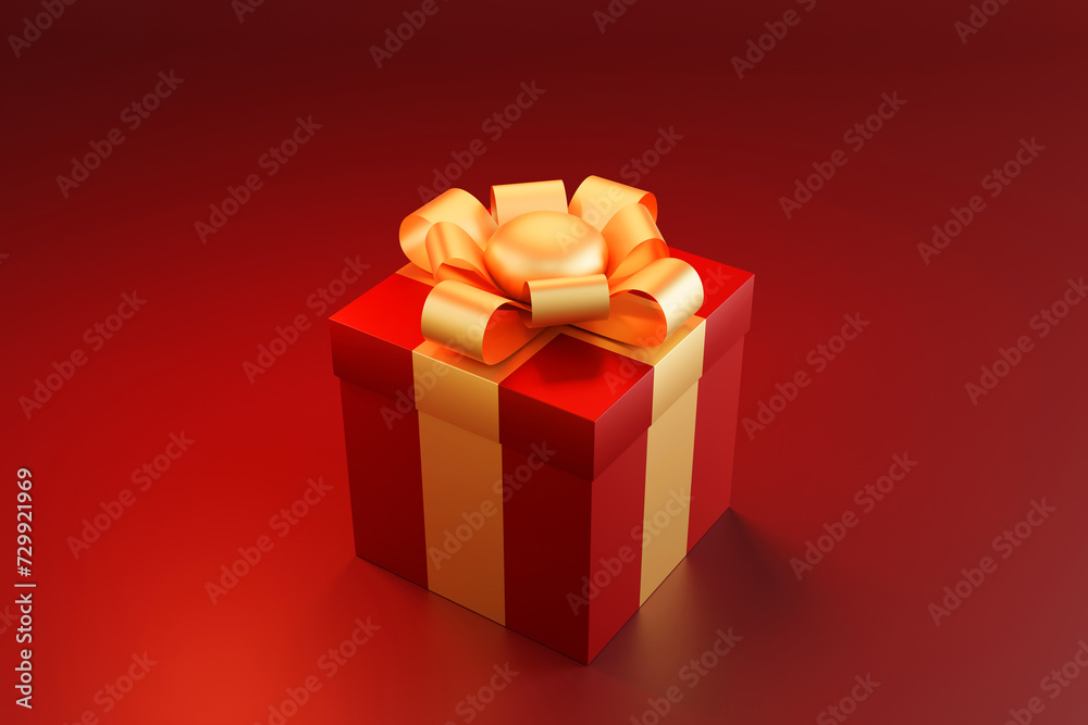 Red gift box with gold ribbons on red background, for valentine day, festival or celebration, 3D rendering. Red gift box with gold ribbons on red background, for valentine day, festival or celebration, 3D rendering.