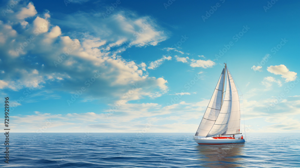 A bright sail yacht glides on the sea beneath