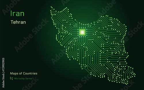 Iran Map with a capital of Tehran Shown in a Microchip Pattern with processor. E-government. World Countries vector maps. Microchip Series 