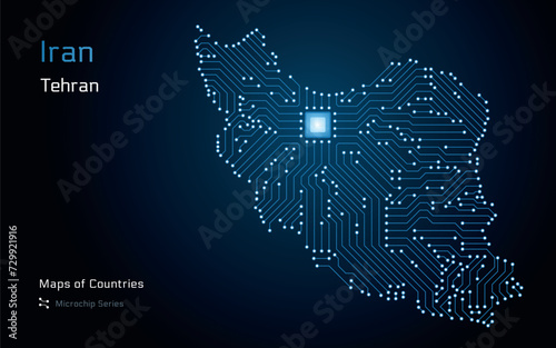 Iran Map with a capital of Tehran Shown in a Microchip Pattern with processor. E-government. World Countries vector maps. Microchip Series	
