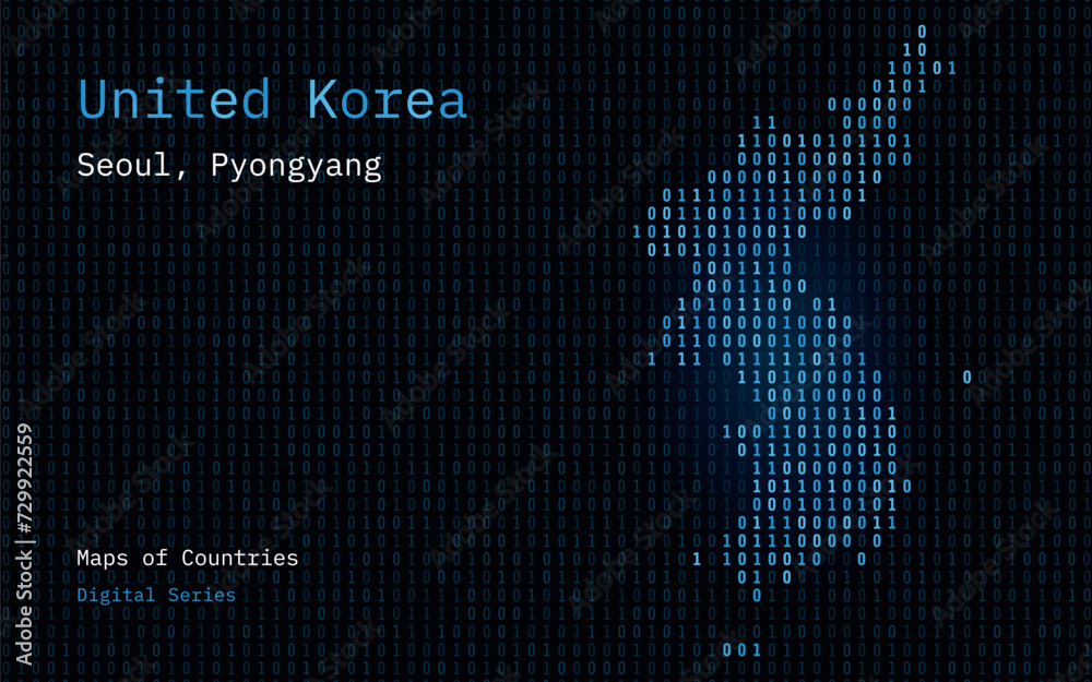 United Korea, South and North Korea Map Shown in Binary Code Pattern