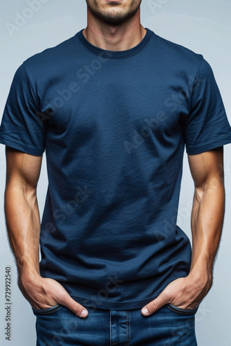 Striking Tees Presentation, Elevate Your Brand with Impeccable Logo Mockup on Male Dark Blue Shirts