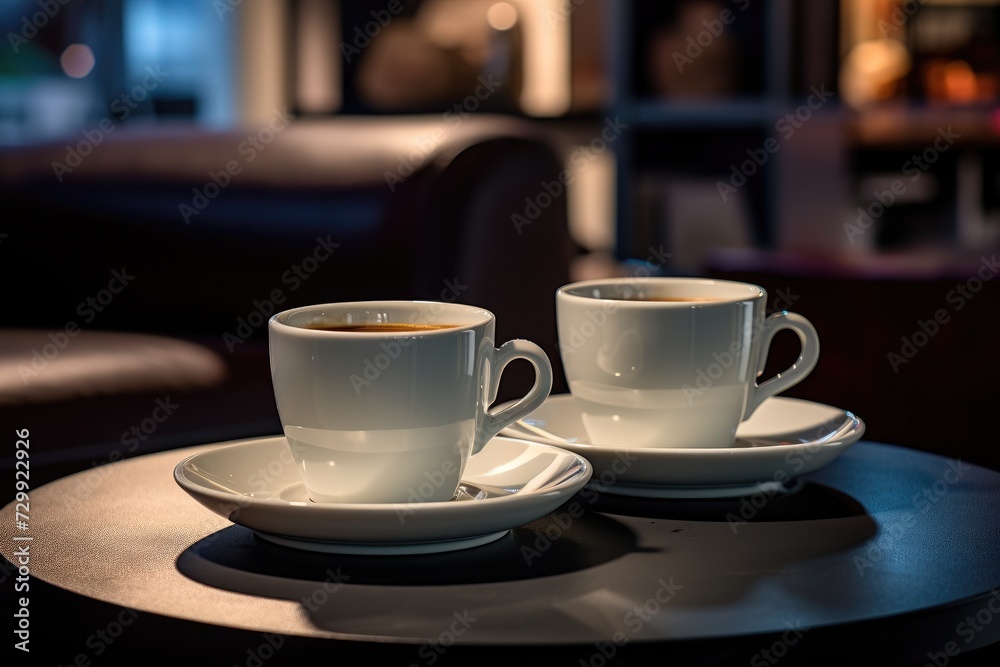 Fototapeta premium Two cups of coffee sitting on top of a table in a simple and minimalistic setting.