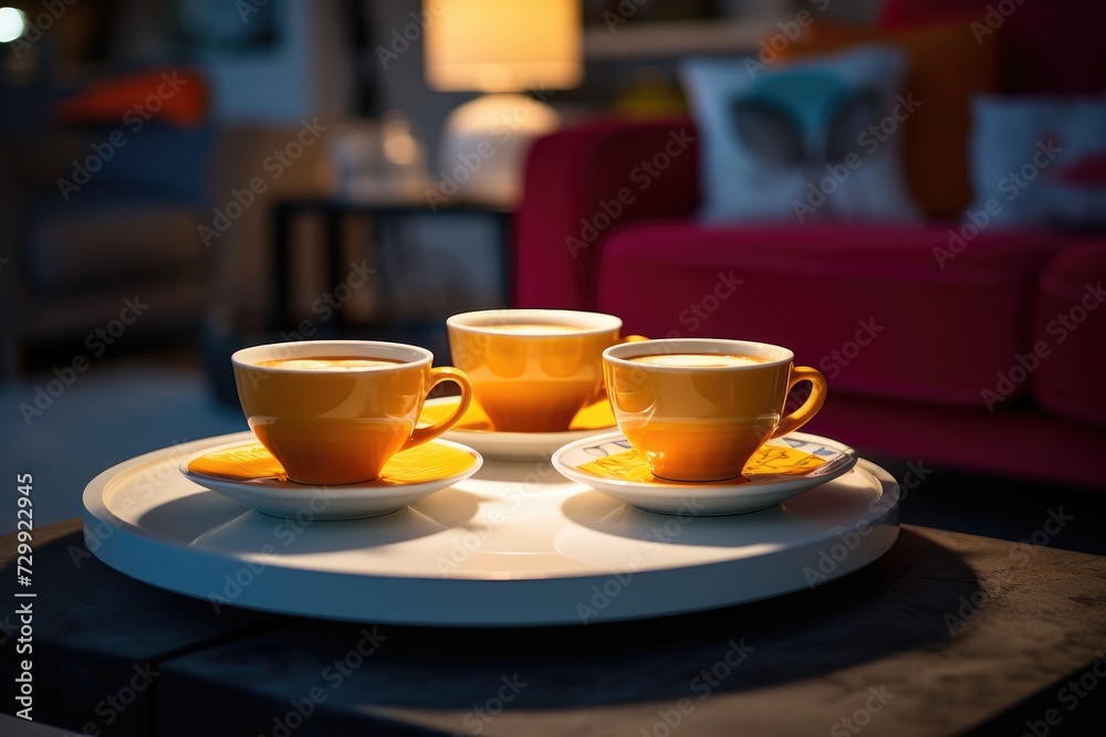 Two cups and saucers arranged neatly on a plate, ready for use. Two cups and saucers arranged neatly on a plate, ready for use.