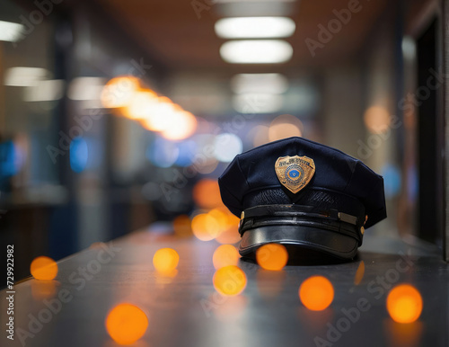 Police Cap on Table with Captivating Criminal Police Cap on Table with a Beautiful Cityscape blur bokeh Background