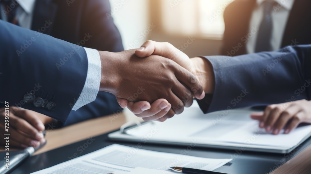 Close-up of two businessmen shaking hands during a business meeting in the office.