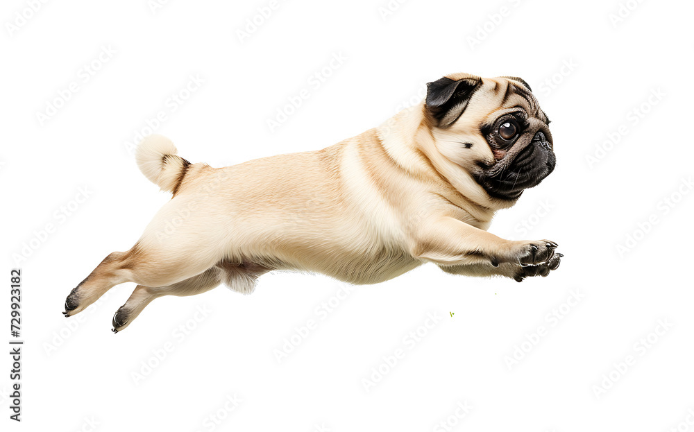 Healthy pug dog jumping on transparent background PNG