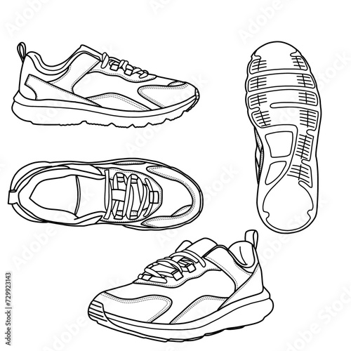 Technical sketch drawing of running shoes, front, top, side, and bottom view. Flat sketch vector, isolated on a white background.