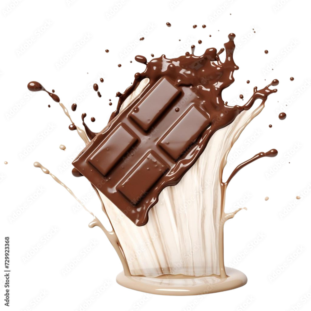 Fototapeta premium chocolate bar piece falling into chocolate splash on a transparent background.