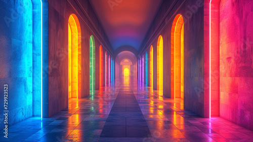 A vibrant hallway lined with minimalist artwork and illuminated by strategically placed colorful lighting fixtures.