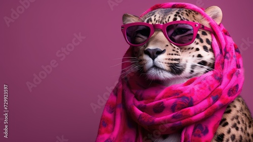 A leopard is captured wearing stylish sunglasses and a vibrant pink scarf  exuding a playful and fashionable demeanor.