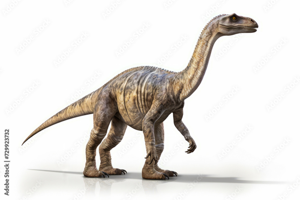 Fototapeta premium Dinosaur is walking on white background with shadow on the ground.