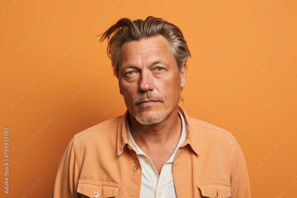 Portrait of mature man in orange shirt looking at camera, over orange background Portrait of mature man in orange shirt looking at camera, over orange background