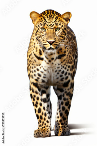 Leopard walking across white background with green eye and black spots.