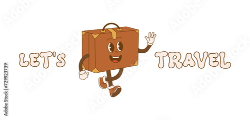 Retro mascot suitcase character cartoon poster. Let's go travel. Adventure journey.   Abstract trendy, vintage, nostalgic aesthetic background