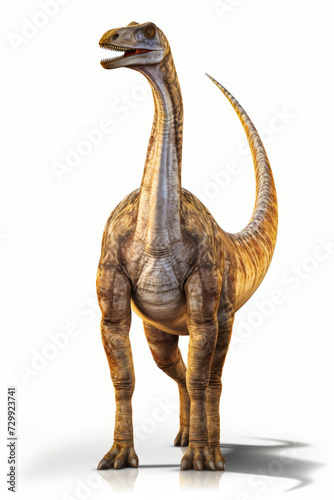 Dinosaur with long neck and long neck standing in front of white background.