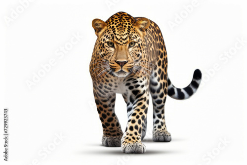 Leopard walking across white background with shadow on it.