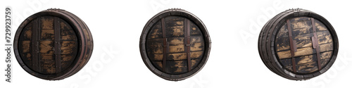 Trio of Vintage Wooden Barrels for Wine or Whiskey Storage in a Horizontal Row