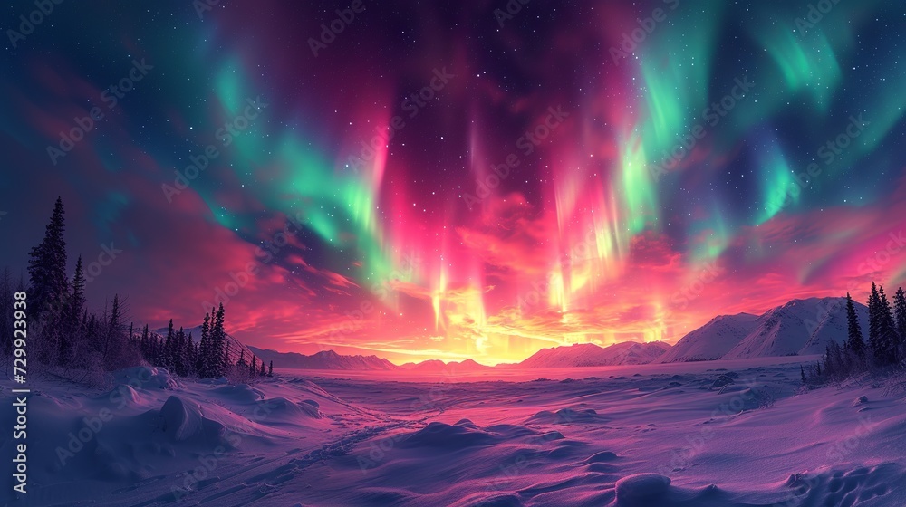 Magical Winter Night with Green and Purple Northern Lights, Low-Angle View Highlights Celestial Display Against Snowy Landscape, Enhanced by a Defocused Aura. Made with Generative AI Technology