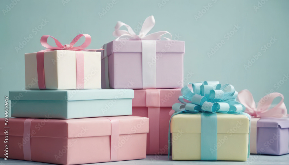 Obraz premium Gifts on Pink Background. A collection of gift boxes with ribbons surround on a pink background. The concept Valentine s Day or birthday