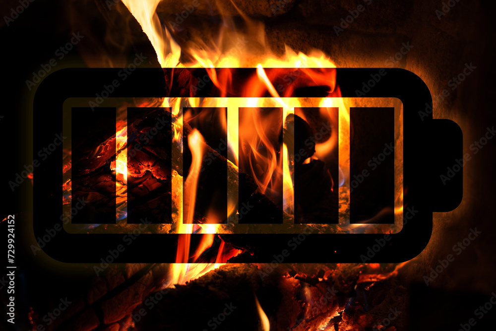 Battery fire, illustration of Li-Ion battery in front of fireplace
