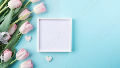 Tulip Flowers with Blank White Frame on Pastel Blue Background. Mother's Day Concept with Copy Space