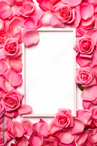 White frame surrounded by pink roses on white background with white center.