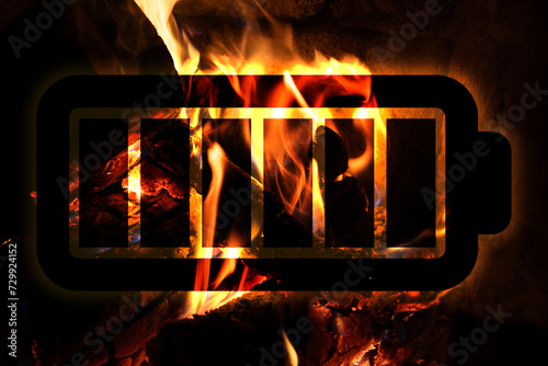 Obraz na płótnie Battery fire, illustration of Li-Ion battery in front of fireplace w salonie