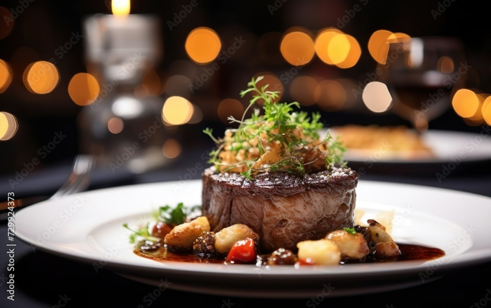 Close up to delicious gourmet dish with bokeh lights of elegant restaurant as background. Meat, potatoes, greens. AI Generative.
